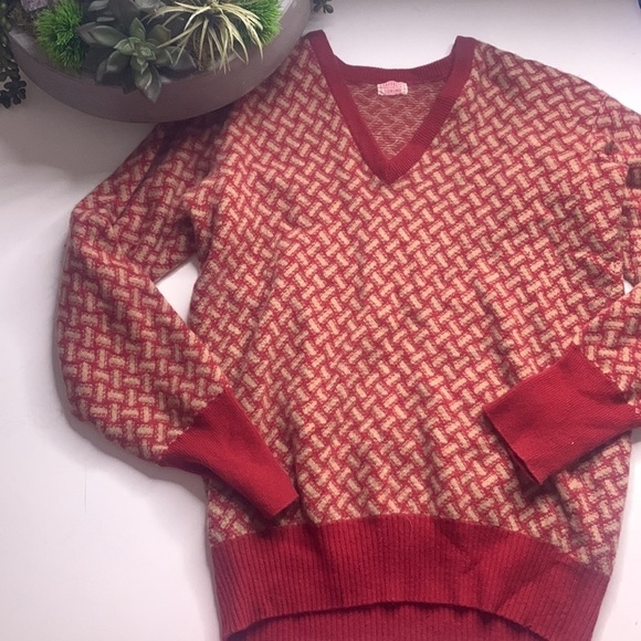 Vintage Taffelli Torino cashmere V-neck sweater red and tan print small - Picture 5 of 6